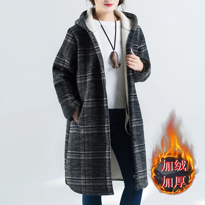 Женское шерстяное пальто с капюшоном зимнее платье большого размера тонкое для