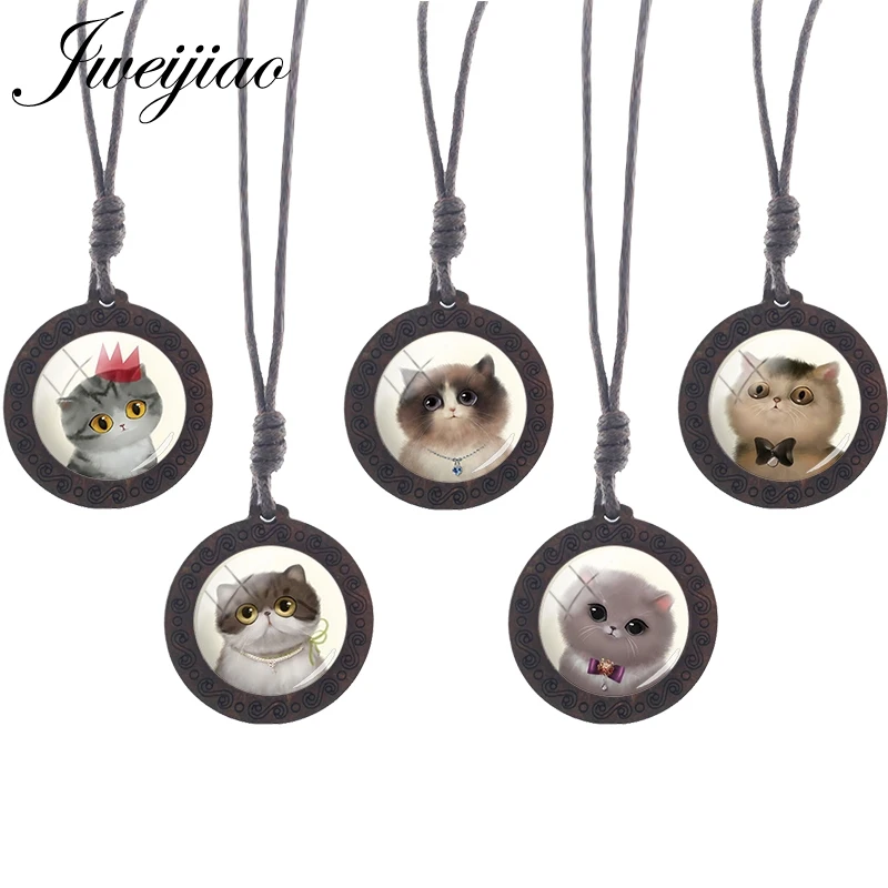 JWEIJIAO женское ожерелье с милым котом винтажные веревочные цепи деревянное