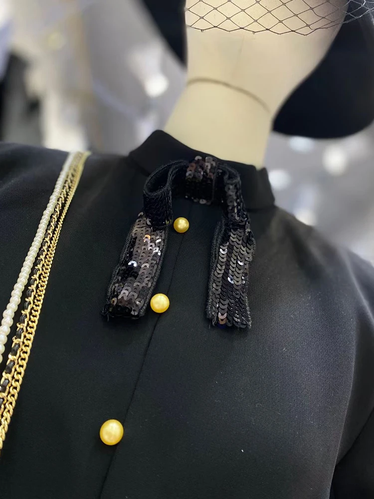 

Sequins, bow tie, single-breasted, waist, hip, contrast color, long-sleeved, A-line dress, women's autumn new fashion