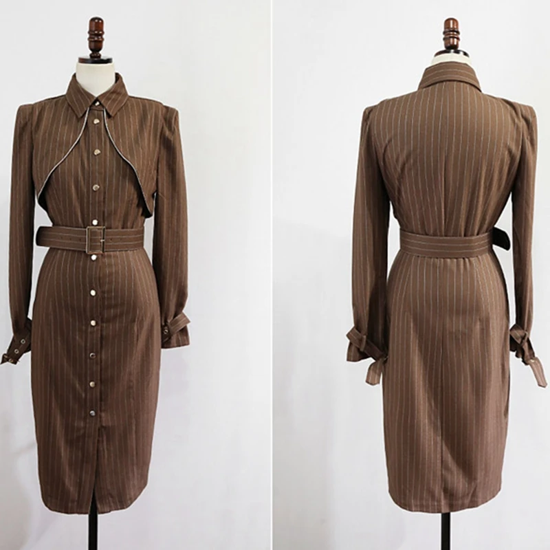 

sashes Slim Bodycon pencil Dresses High quality Korean Dresses 2020 Autumn Office OL Work Dress Striped Single breasted