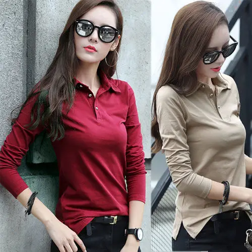 Женская хлопковая футболка с длинным рукавом Приталенная отложным воротником в