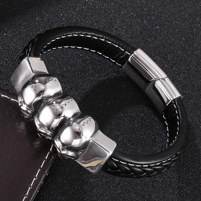 С черепом из нержавеющей стали кожаные браслеты черный плетеный кожаный чехол с