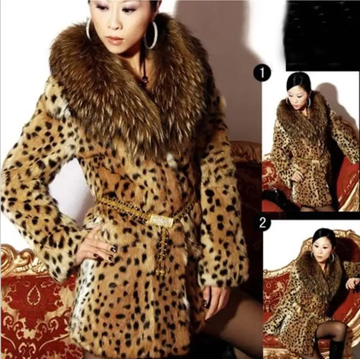 Leopard Print fur leather jacket womens warm faux mink fur leather coat women loose jackets winter thick fashion big fur collar