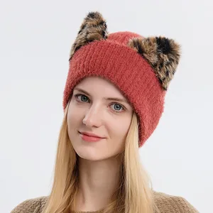 The New Wool Hat Korean Leopard-Print Cat Ear Hat, Elastic Knitting Cold Hat Ski Cap To Keep Warm