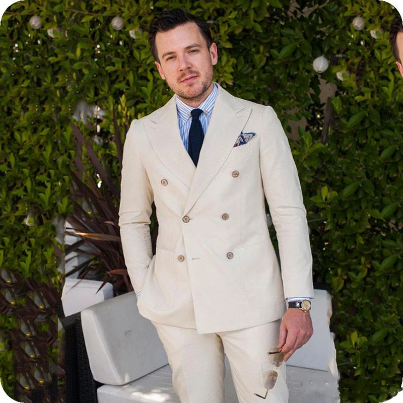 

Summer Beach Casual Linen Man Suits for Wedding Groom Tuxedo Double Breasted Peaked Lapel Man Blazer Suit 2 Piece Custom Made