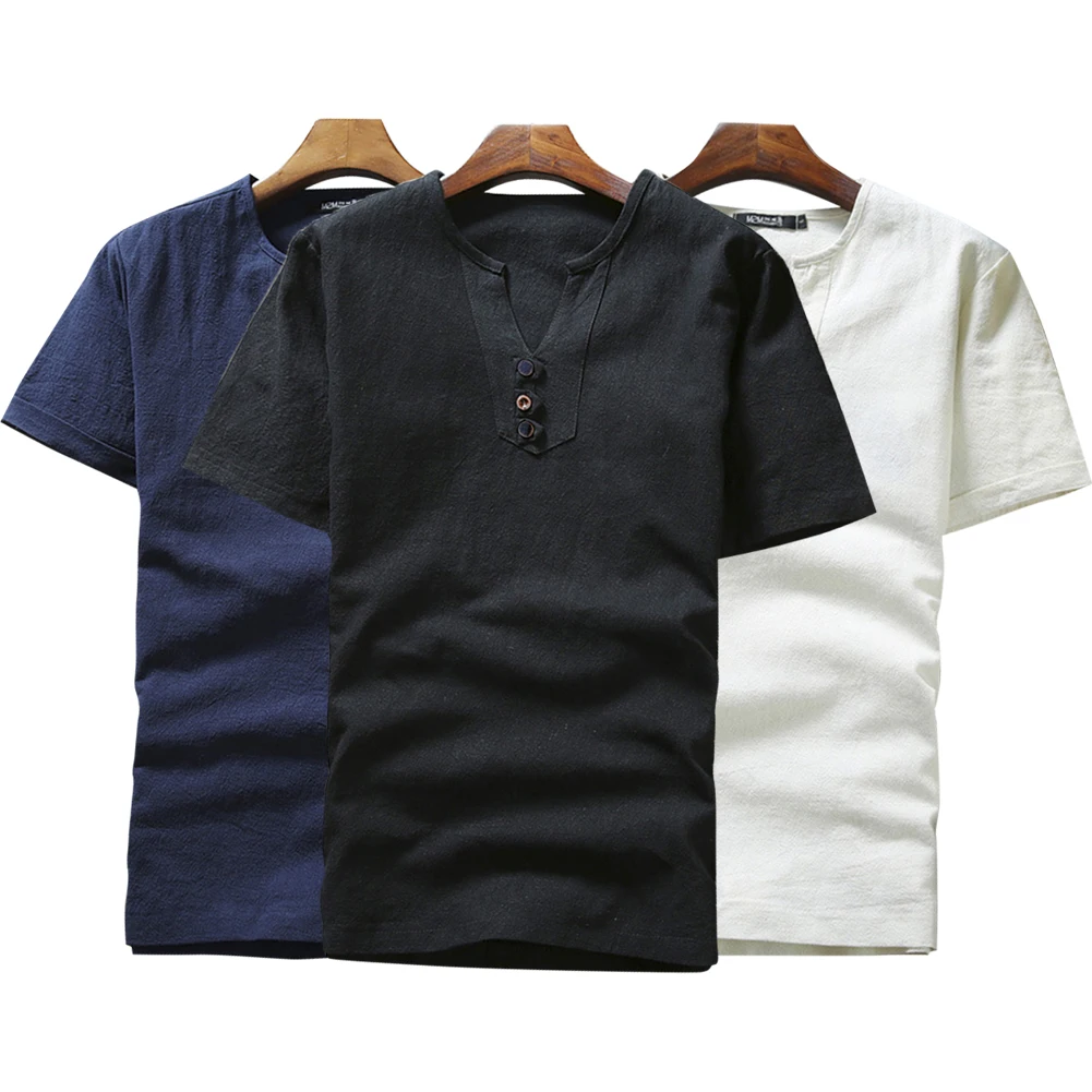 

Solid Color V-neck Mens T Shirt Leisure Short T-Shirts Male Summer New Cotton Linen Man Tops Fitted Soft T-shirts Large Size 5xL