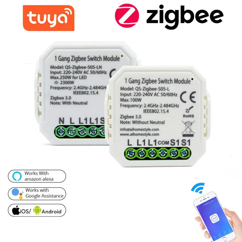 

Tuya Zigbee Smart Switch Module No /With Neutral 1 2 Gang 220V Wireless Light Switch Relay Support Alexa Google Home Assistant