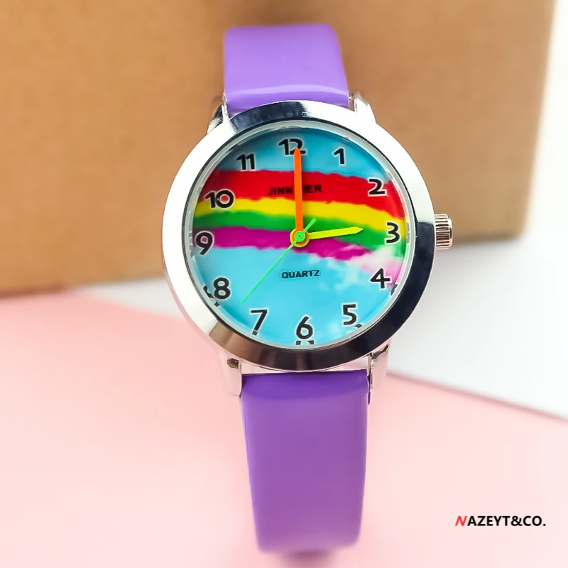 Bonito dos Desenhos Animados Crianças Assistir Pequenas Meninas e Meninos Arco-íris Dial Relógio de Couro de Quartzo Vestido Criança Presente el Reloj Relógio de Alta Qualidade Relógios infantis