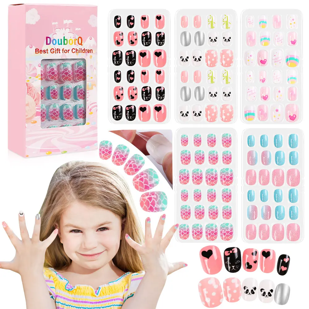 120Pcs/Set  Candy False Nail Tips Cartoon Full Cover Kid Pink Fake Press on Children Nail Art for Little Girls Manicure Tool