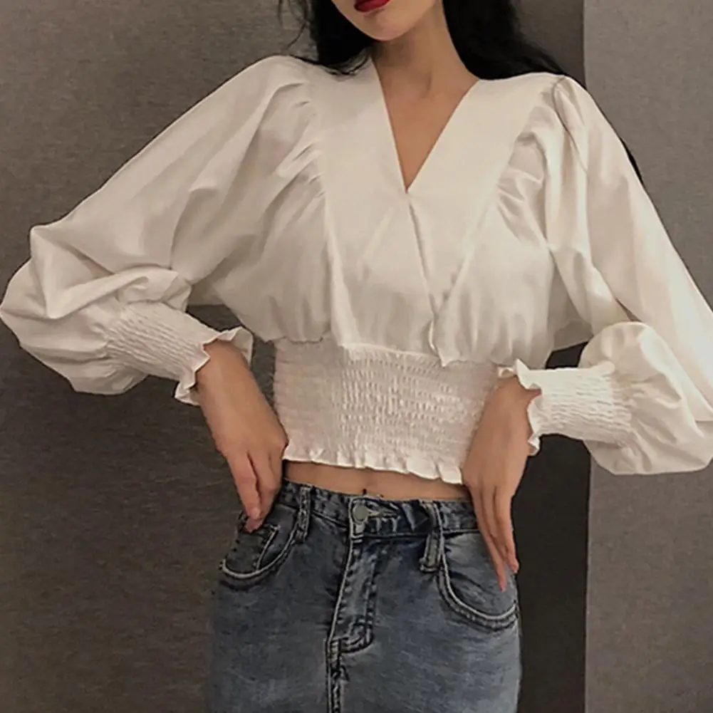 

Fashion Women Blouses Summer Solid Color V Neck Puff Sleeve Blouse Waist Tight Office Shirt Ladies Spring Top Loose Clothing