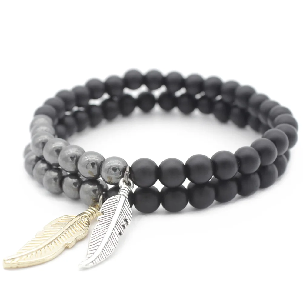 

New Popular Beaded Bracelets For Men Women Black Frosted Hematite With Leaves, Black Living Substances, DIY Jewelry,Bangle Gifts