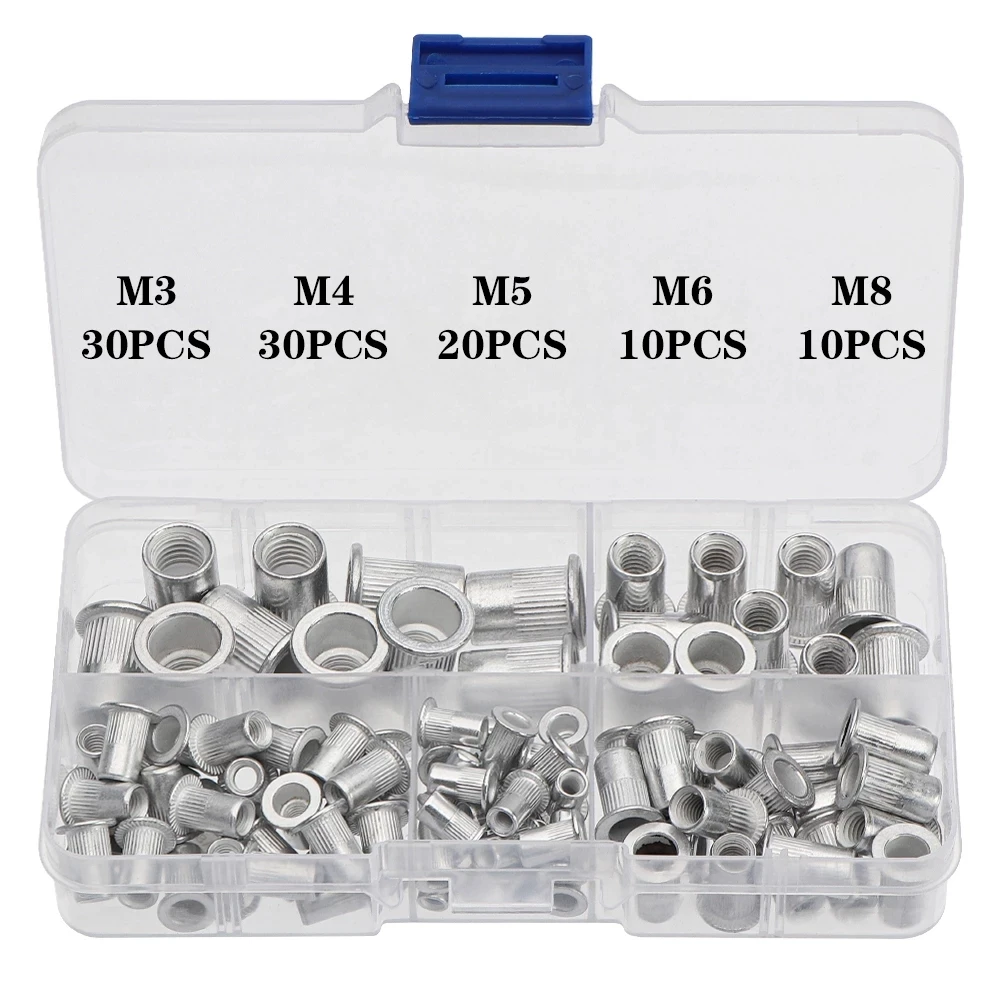

100PCS Aluminum M3 M4 M5 M6 M8 Rivet NutsInsert Rivets Multi Size Flat Head Rivet Nuts Set