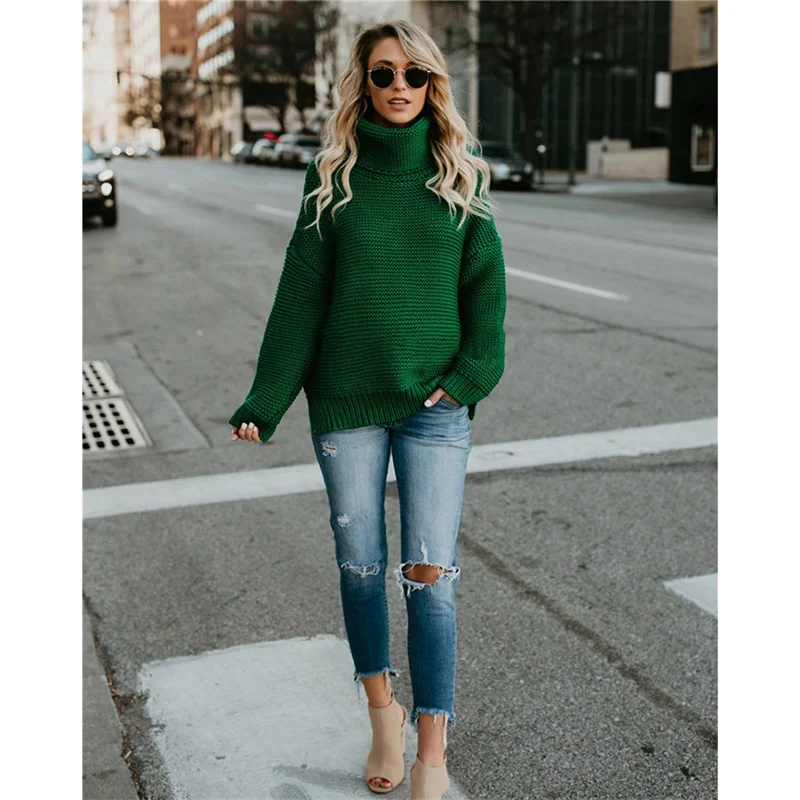 

2021 New Knitted Sweater Women Autumn Yellow red gray Casual Top Europe America Loose High Collar Fashion Pullover Sweater N982