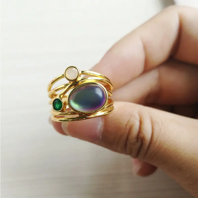 Women Unique 24K Gold Labradorite 3 Moonstones Aqua Blue Shell Ring Wedding Jewelry Gifts Size 6 7 8 9 10