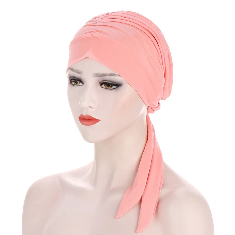 

2020 New Solid Muslim Bonnet Hat with Long Tail Women Folds Night Sleep Hat Headscarf Turban Elastic Bandana Head Cover Hijabs