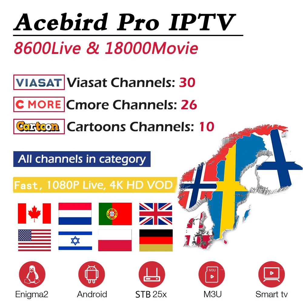 Acebird IP tv подписка голландский, арабский, Франция, Швеция, Великобритания, США, Польша, 8600 для взрослых, для Android tv Box M3u Enigma2 Smart tv PC