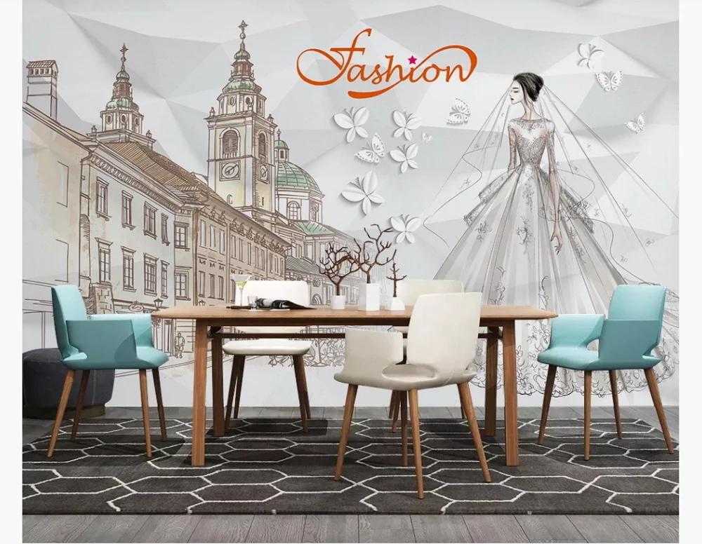 Пользовательские 3D обои роспись модное свадебное платье европейский город