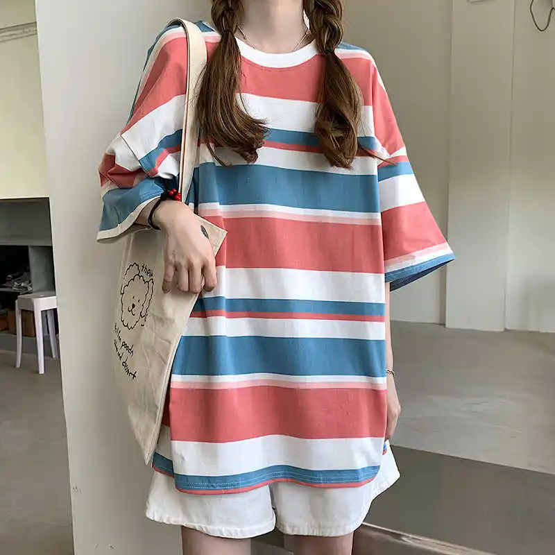 

Japanese Style Rainbow Striped Short-Sleeved T-shirt for Women Ins Trendy 2021 Summer Korean Style Loose BF Internet Celebrity