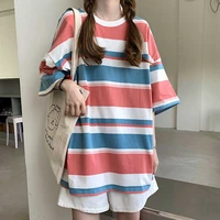 japanese style rainbow striped short sleeved t shirt for women ins trendy 2021 summer korean style loose bf internet celebrity