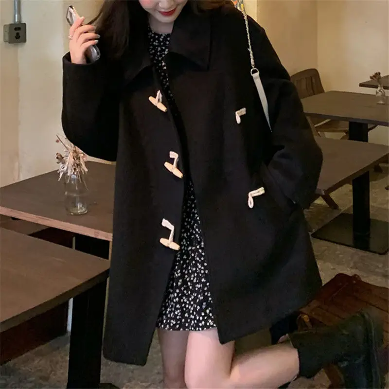 

Wool Coat Women Student Streetwear Korean Style Leisure Turn-down Collar Loose Trendy Classic Horn Button Woolen Autumn Elegant