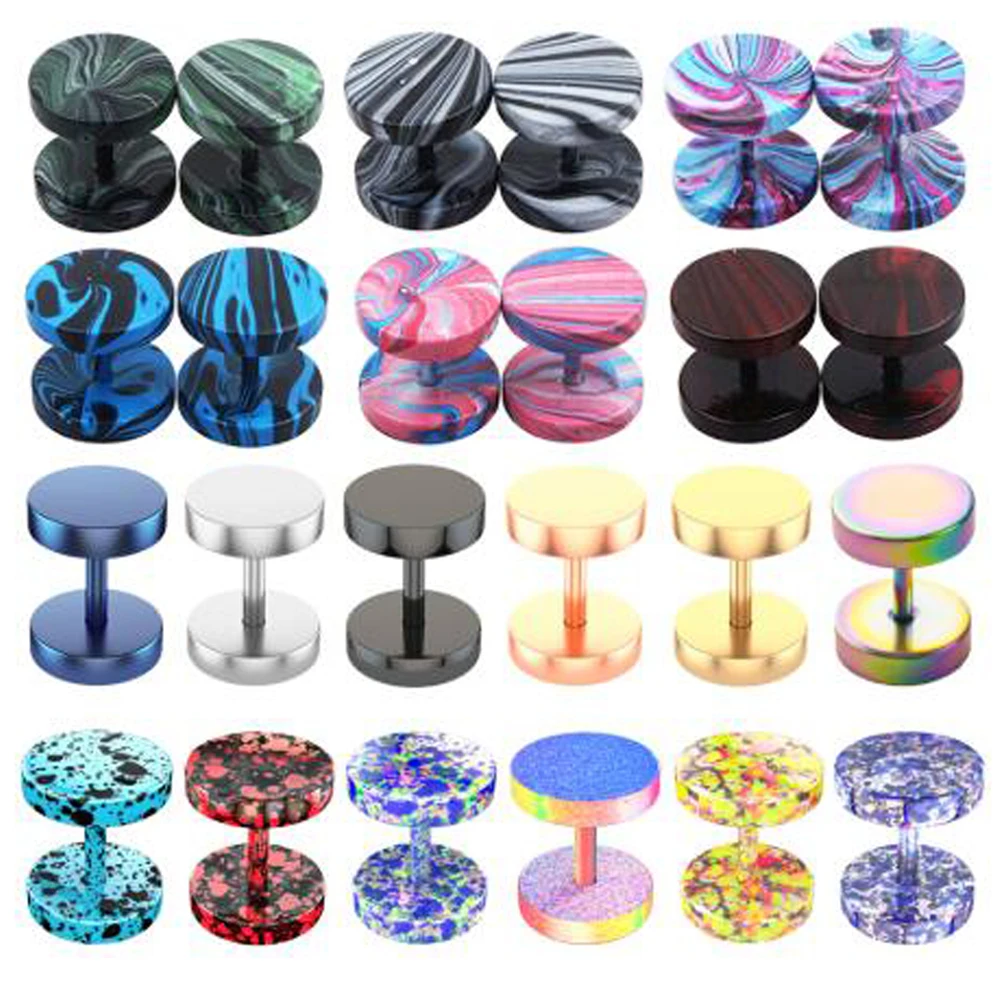 Fake Plugs Faux Gauges Earrings for Men Women Stainless Steel Studs Circle Flat Back Cheater Tunnels Dumbbell Punk Ear Piercing