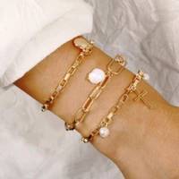 european and american creative retro simple cross metal scallop pearl 3 piece suit bracelet for women accessories woman jewelry