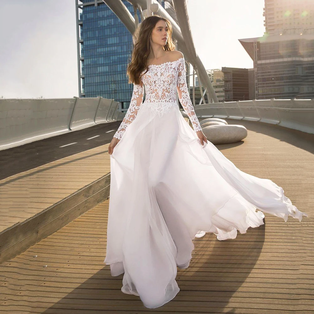 

11681#Sexy Off-Shoulder Long Sleeve Chiffon Sweep Train Open Back Bohemian A-Line Lace Wedding Dress Wedding Gown Bridal Gown