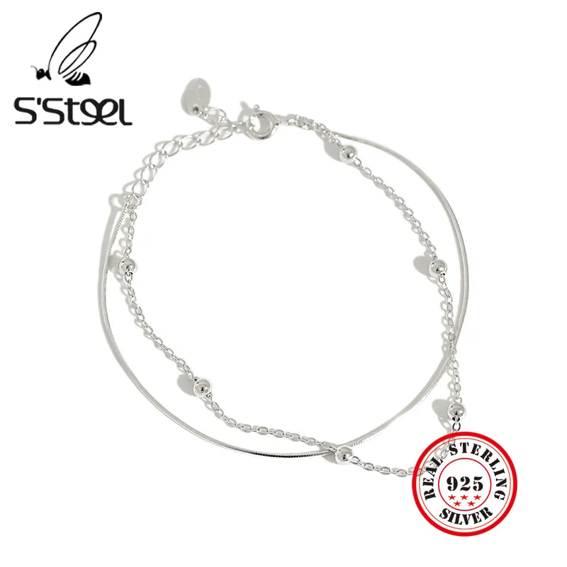 

S'STEEL Для женщин 925 пробы серебро Mujer круглые бусины змея цепи двойной Слои браслеты плата де лей Bijoux Femme (украшения своими руками) 2021 подарок д...