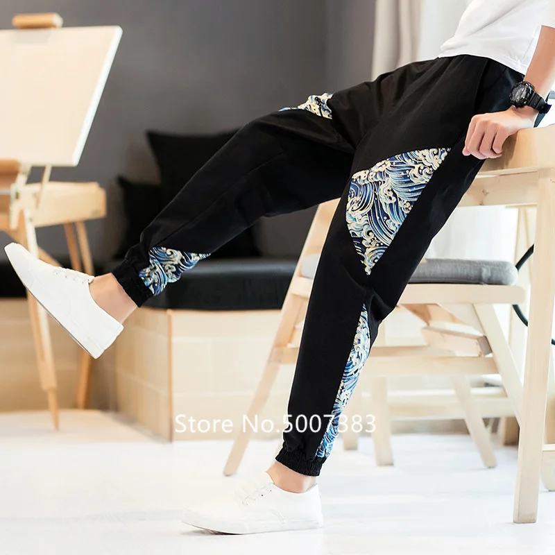 New Japanese Style Kanagawa Linen Loose Feet Pants Large Size Fashion Men's Printed Harem Trousers Elastic Waist Plus | Тематическая