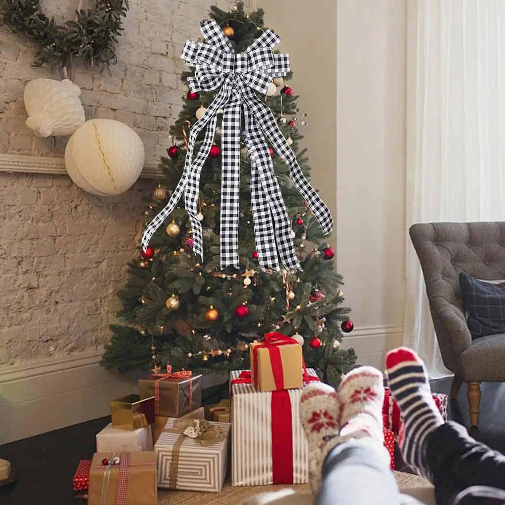 Christmas Bows Tree Topper Buffalo Plaid Red Black Burlap Decorative Bow Toppers Decorations Handmade for Wreat | Дом и сад