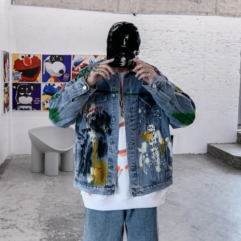 Куртка мужская джинсовая с принтом граффити повседневная верхняя одежда из