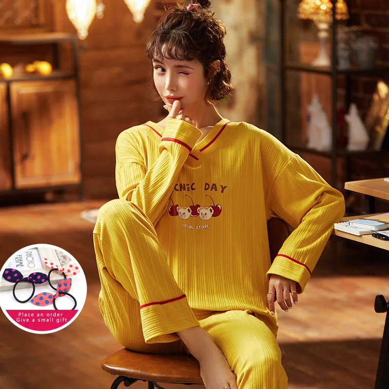 

Winter Sleepwear Set For Women Solid Color Draw Pajama Set V-Neck Long Sleeve Sleep Tops Yellow Cherry Pattern Women Loungewear