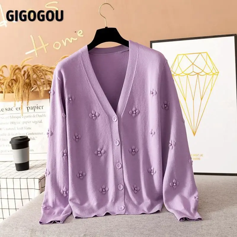 

Женский жаккардовый кардиган GIGOGOU, вязаный кардиган в Корейском стиле с бисером и цветочным узором, однобортный Кардиган Ретро Mujer