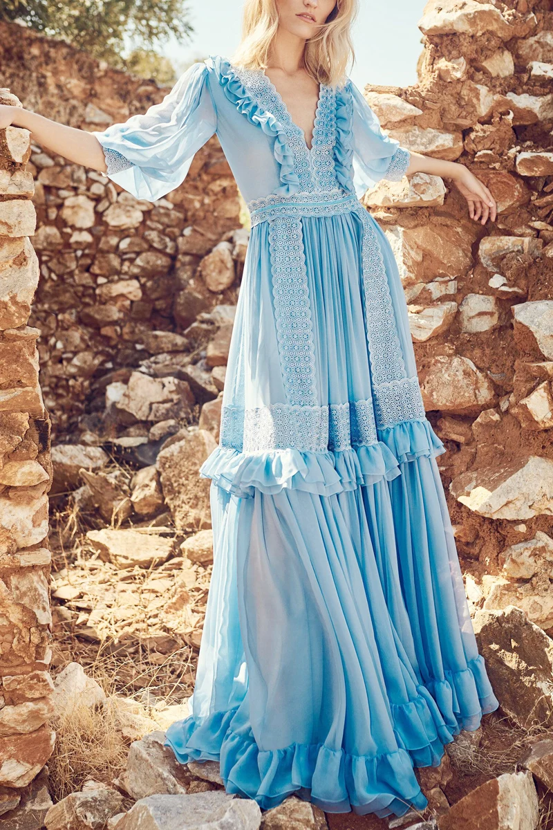

Vintage Ruffles Blue Lace Patchwork Pleated Long Dress Women 2021 Runway Designer V-neck Chiffon Maxi Dress