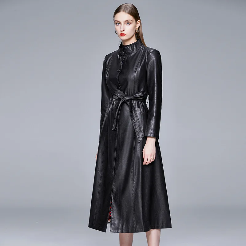 Winter Long Black Soft Faux Leather Trench Coat for Women Belt Long Sleeve Skirted Elegant Luxury Fashion
