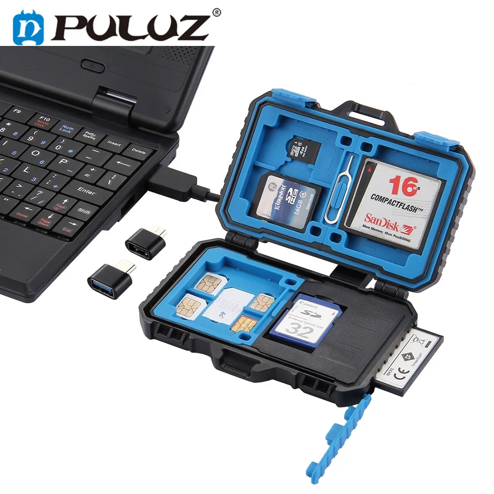 

PULUZ Card Reader &22 in 1 Waterproof Memory /SD Card Case Storage Box for 1Standard SIM+2Micro-SIM+2Nano-SIM+7SD+6TF+1CARD PIN