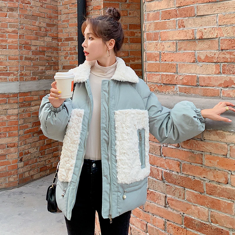 2021 Winter Women Thickened Lamb Velvet Fur One Short Coat Parkas Patchwork Fleece Thick Motorcycle Jacket Warm Padded OverCoat