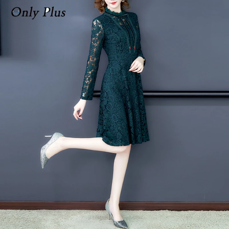 

Only Plus Women Winter Green Slim Lace Dresses Autumn Half High Collar Vintage A-line Dress Office Lady Hollow Out Vestidos