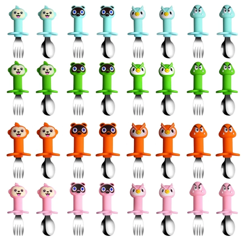 

2Pcs/Set Detachable Baby Stainless Steel Spoon Fork Set Cartoon Silicone Teether Toys Anti-slip Feeding Utensils