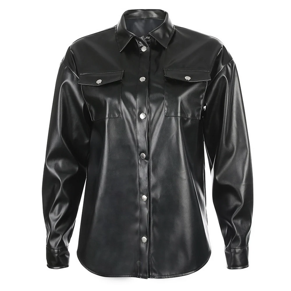 

Muyogrt Streetwear Black PU Leather Shirt Women Jacket Blouse Cardigan Buttons Women's Shirt Top Long Sleeve Leather Blouse