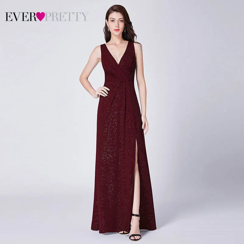 Burgundy Формальные Вечерние платья Ever Pretty Sexy A Line V шеи спинки Gillter Длинные вечерние платья с разрезом год Robe De Soiree - Цвет: Burgundy