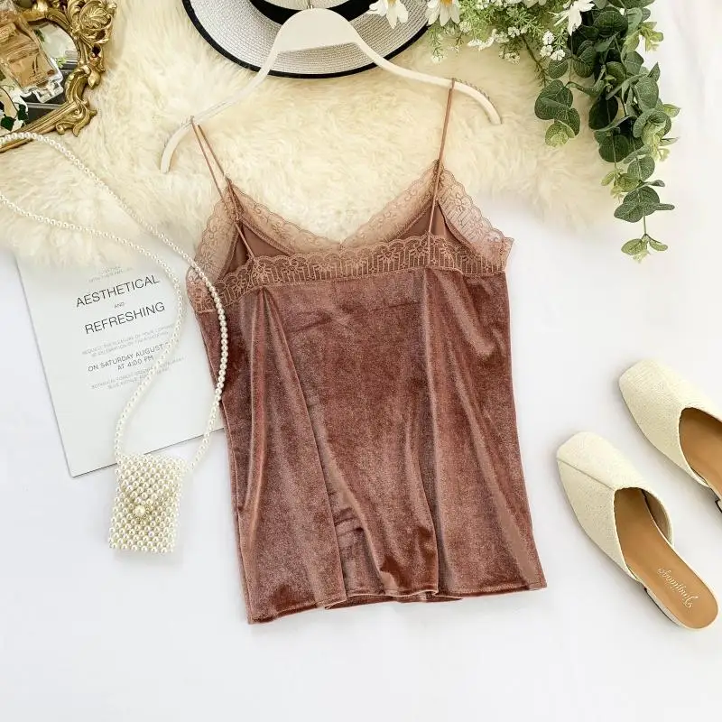 Новая Осенняя Женская кружевная Лоскутная бархатная майка с регулируемой талией