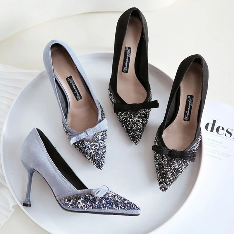 Туфли лодочки женские на высоком каблуке с бантом и острым носком|Женские туфли| |