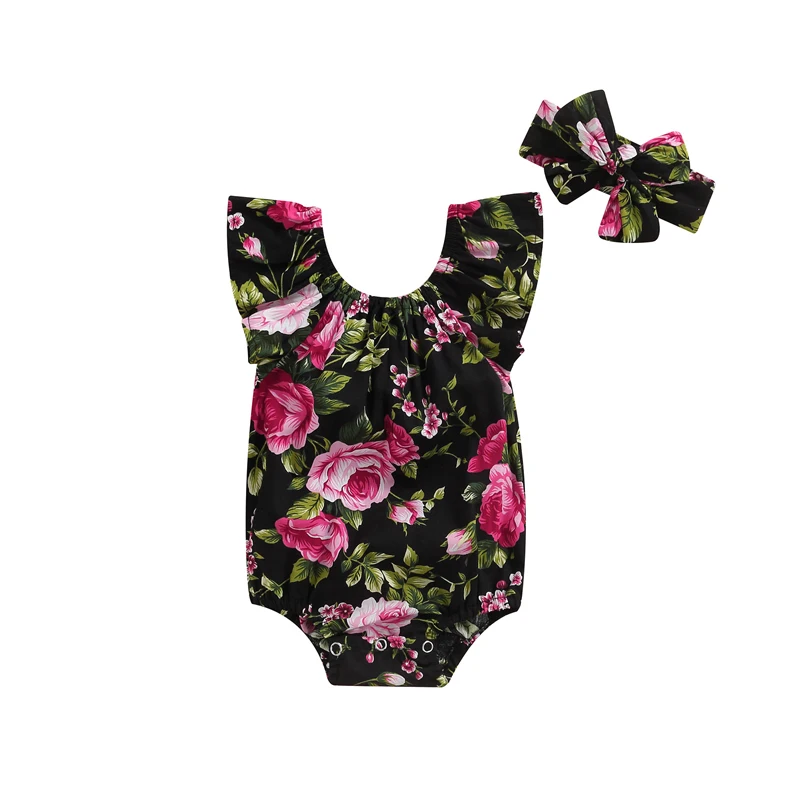 

Infant Girls Romper, Flying Sleeve Rose Floral Print Elastic Neck Playsuit with Headband