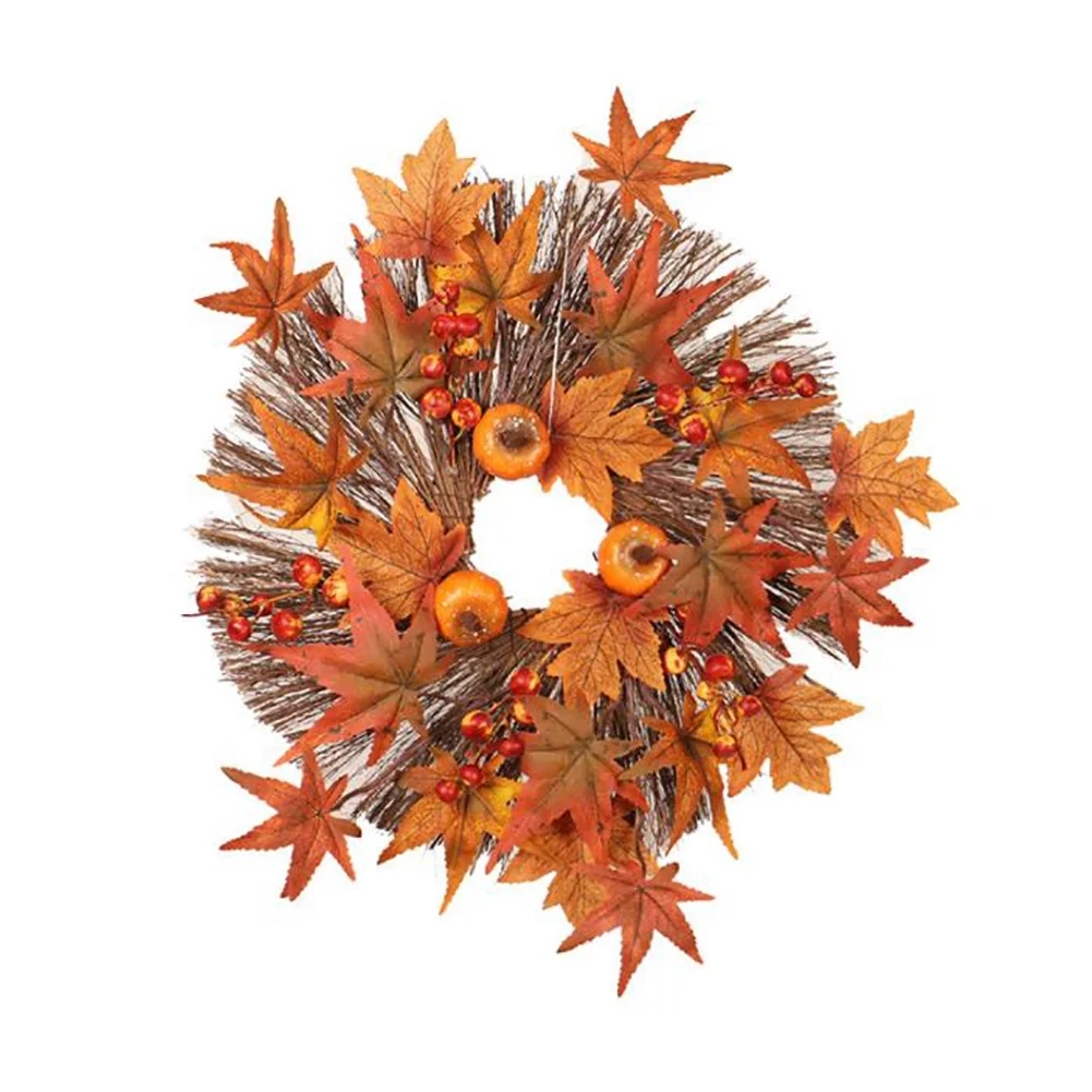 

Thanksgiving Day Autumn Fall Wreath Maple Leaves with Pumpkins Yard Hanging Artificial Garlands Home Office Festive Decoration