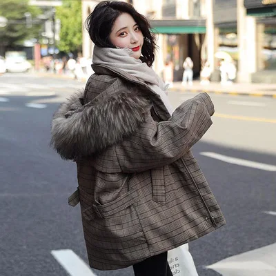 Женская винтажная клетчатая куртка хлопковая парка с капюшоном свободная