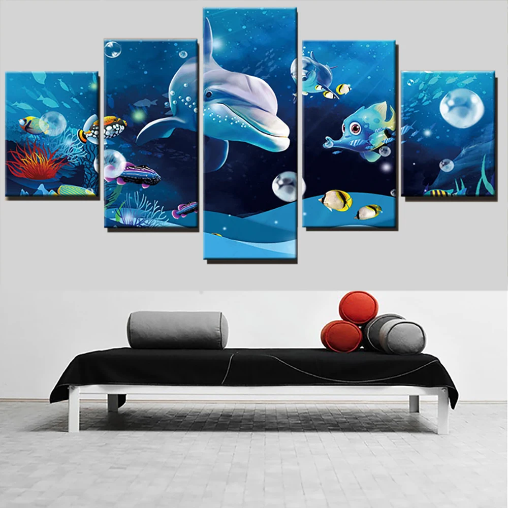 

Framework Dolphin Poster Painting Living Room Animal Picture 5 Pieces Canvas Wall Arts Clownfish Print Kids Bedroom Home Decor