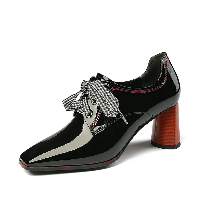 

Patent Leather Woman High Heels Shoes Square toe Lace Up Platform Pumps Cow Genuine Leather High Heels Dress Party Shoes Woman