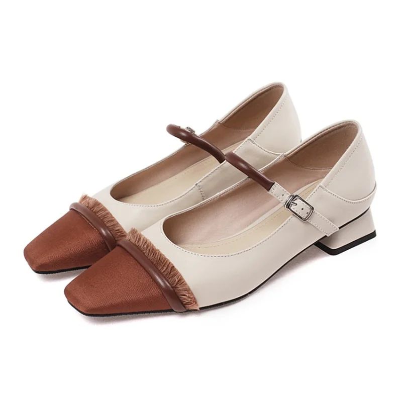 

Prova Perfetto concise women's Low Heel Shoes patchwork tassels buckle Women Pumps genuine leather sqare toe Ladies Office Shoes