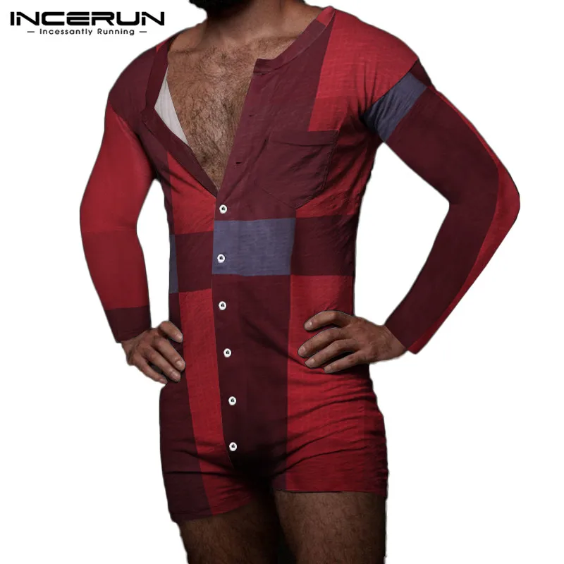 

Men Pajamas Rompers Plaid Button Long Sleeve Comfortable Homewear Fitness Sleepwear Jumpsuit Leisure Mens Playsuit INCERUN 7